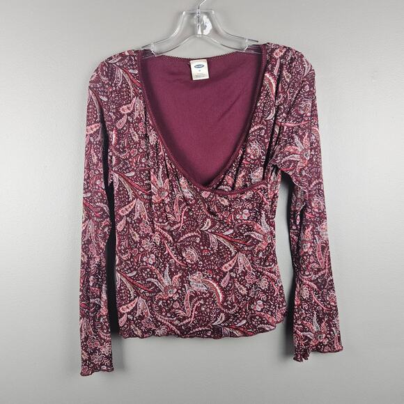 Old Navy Y2K Paisley Scoop Neck Stretch Long Sleeve Top Burgundy Size M - Picture 1 of 7